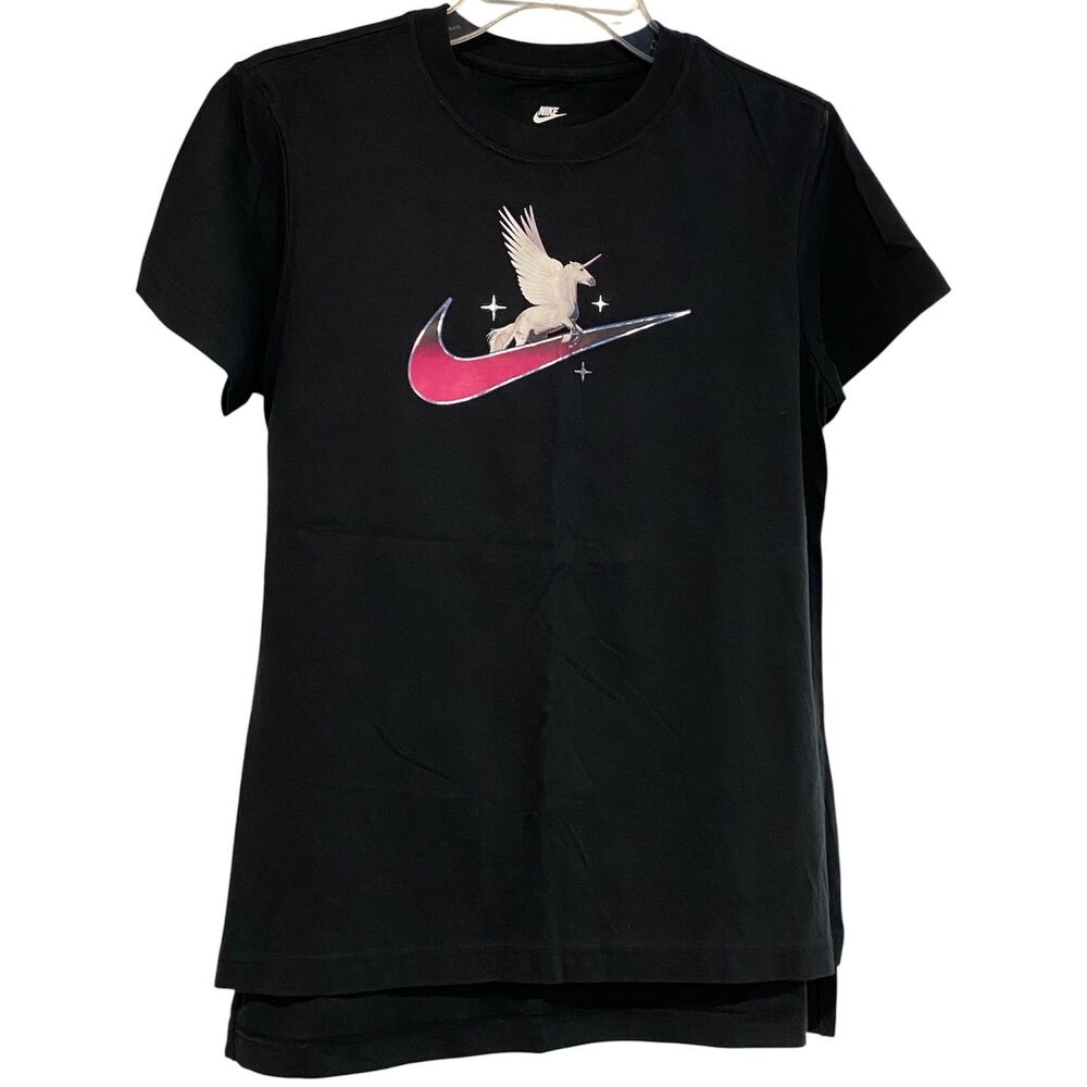 Nike Girls XL T-Shirt Black Unicorn Alicorn Pink Gradient Swoosh Cotton Youth